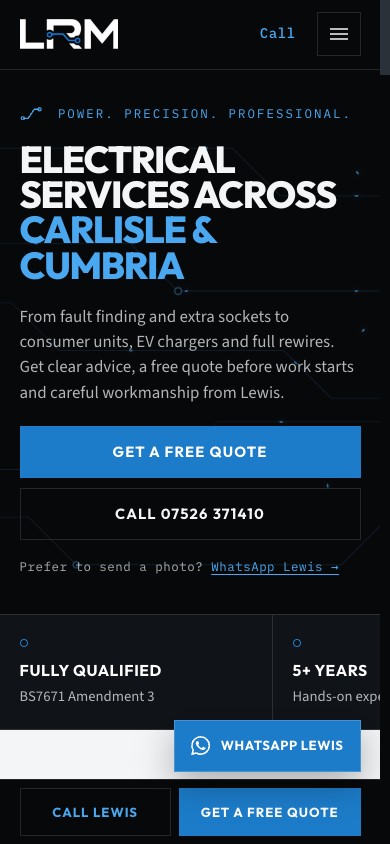 LRM Electrical Solutions website on a mobile phone