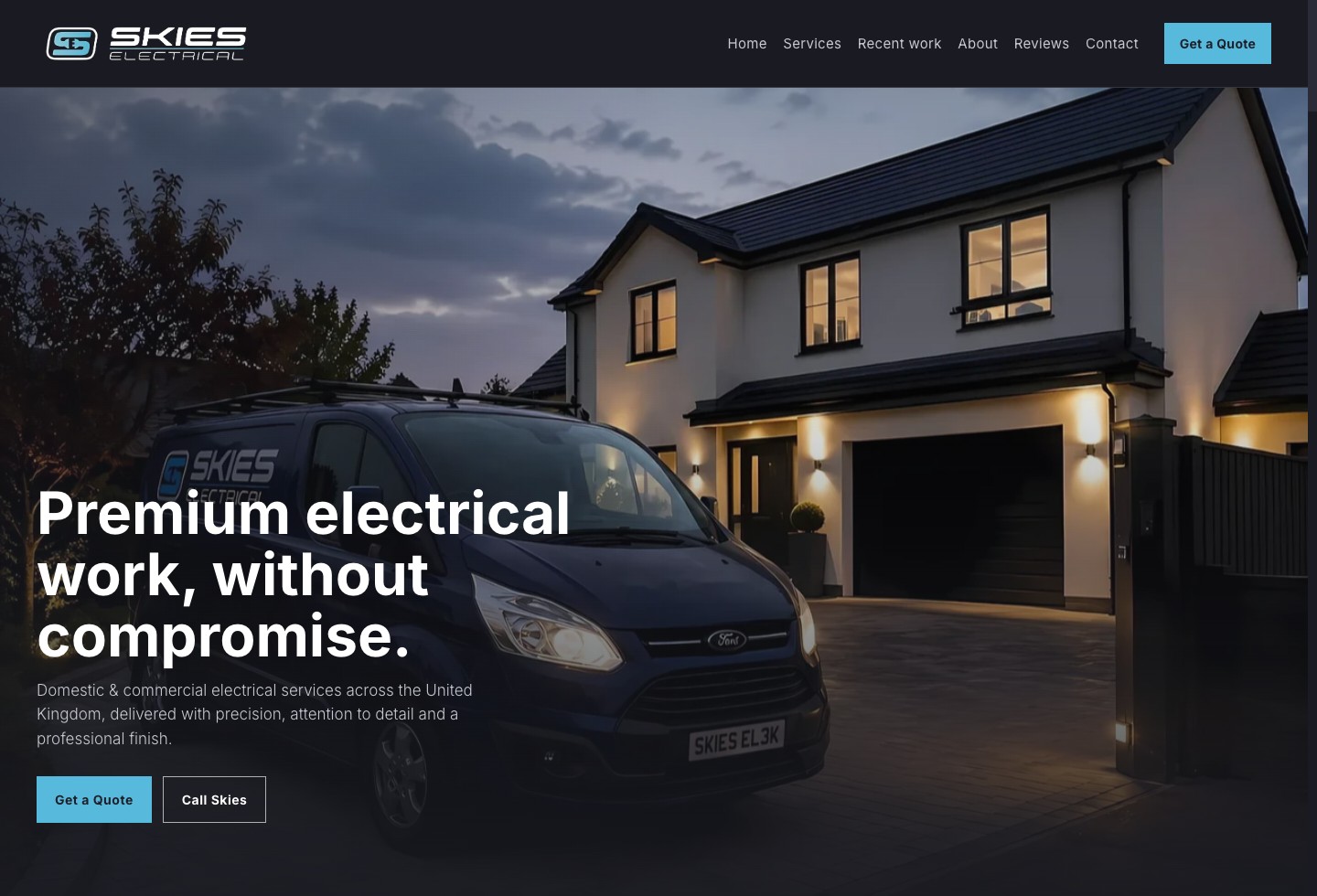 Skies Electrical website showing its electrical services