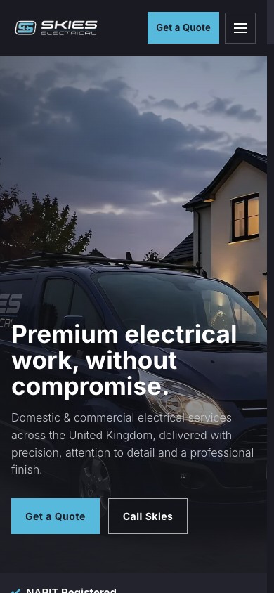 Skies Electrical website on a mobile phone
